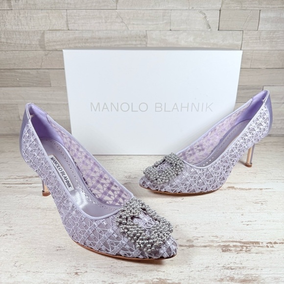 Manolo Blahnik Hangisi Size 38 Lace 70MM Pumps Heels Lilac Periwinkle $1245 New - Picture 13 of 15